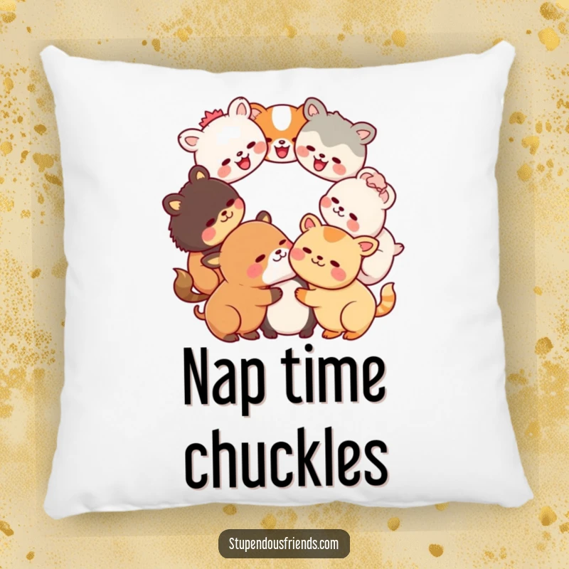 Funny Kawaii animals in a laughing circle on a soft decorative pillow, a humorous and heartwarming gift for friends and family.