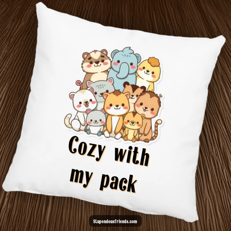 Funny pillow with diverse, smiling animal characters in a cozy huddle, offering comfort and a message of unity.