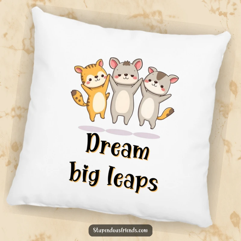 Funny pillow featuring a circle of joyful animal characters holding hands and jumping, bringing energy and fun to any space.