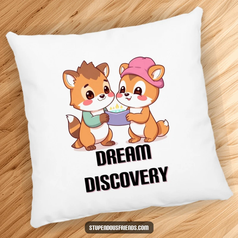 Funny pillow featuring two animal characters looking at a shared, wondrous discovery with delight, perfect for adding comfort and intrigue.