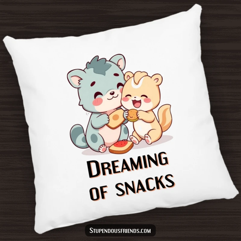Funny Animal Pillow featuring characters sharing food joyfully, embodying friendship and generosity with a humorous and cozy aesthetic.