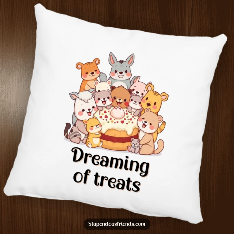 Funny Pillow: A group of happy animal characters sharing a large treat, bringing comfort and a sense of community.