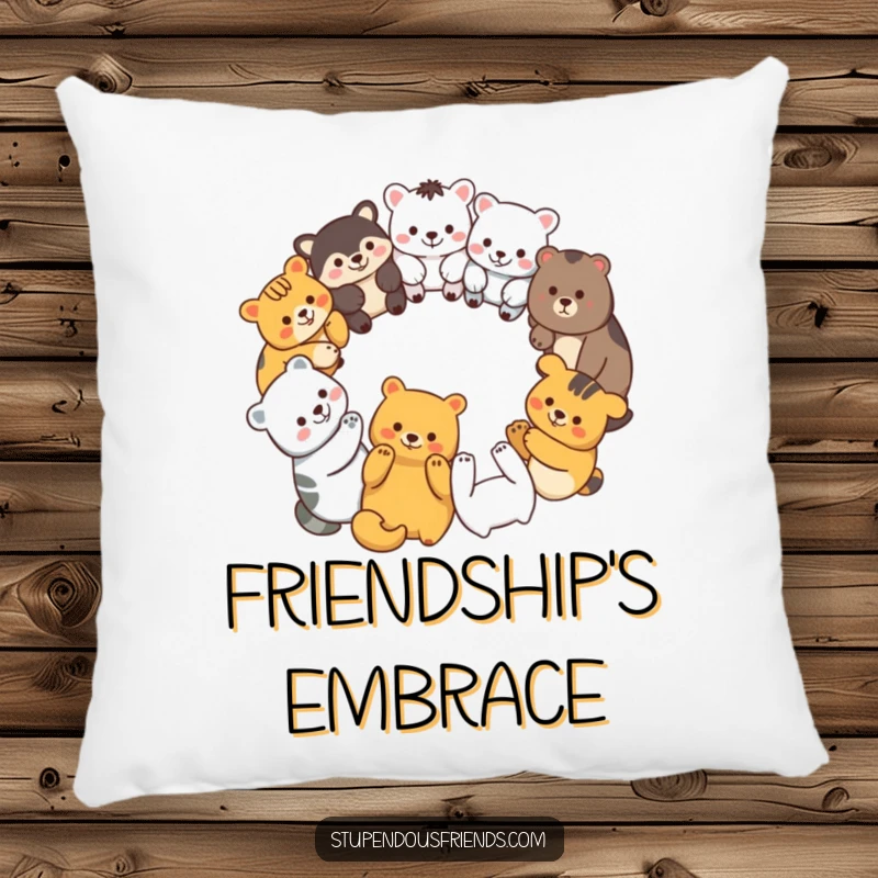Funny pillow featuring a diverse group of smiling animal characters in a circle, holding paws, embodying comfort and unity.