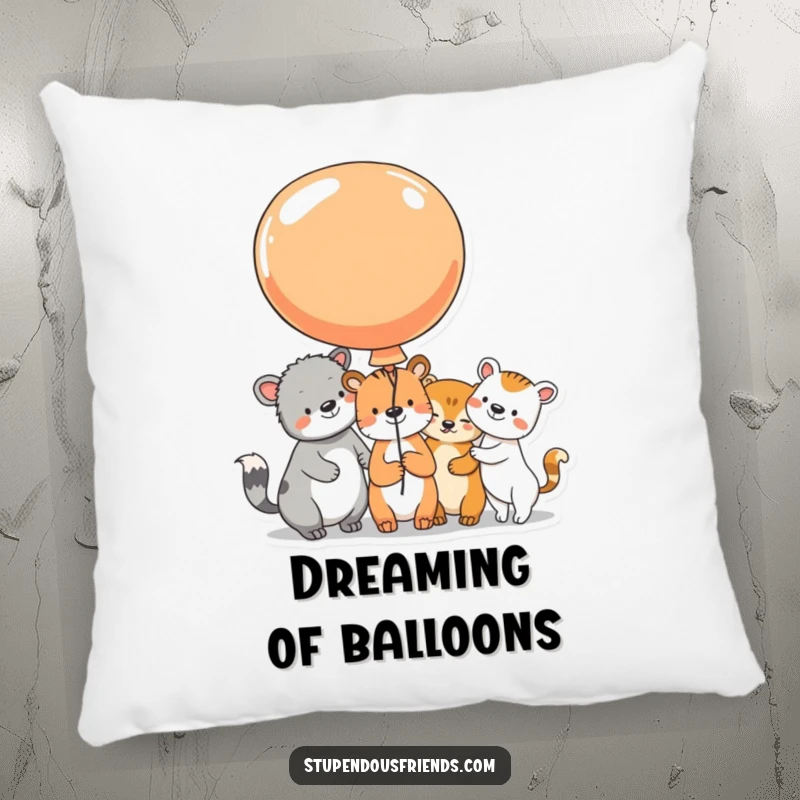 Funny Pillow featuring animal characters sharing a large, colorful balloon, their beaming faces perfect for adding cozy happiness and cheer.
