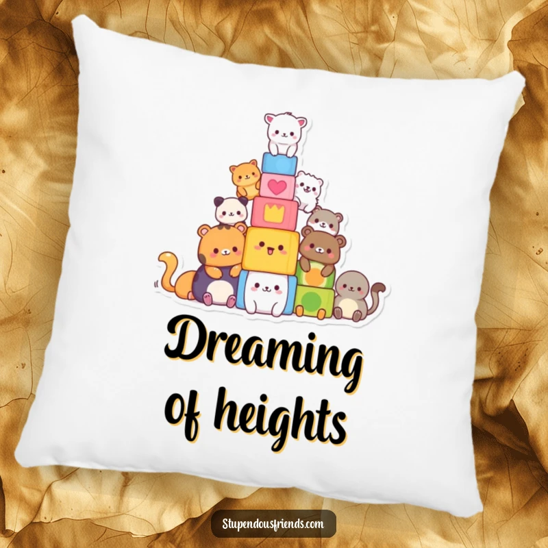 Funny pillow with cute animals diligently building a high tower of vibrant blocks, symbolizing fun. A cozy funny gift.