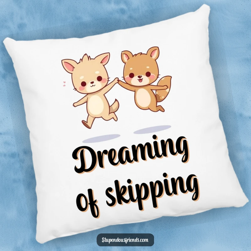 Funny pillow featuring two adorable, stylized animals skipping hand-in-hand, adding a touch of playful charm and humorous comfort to any room.