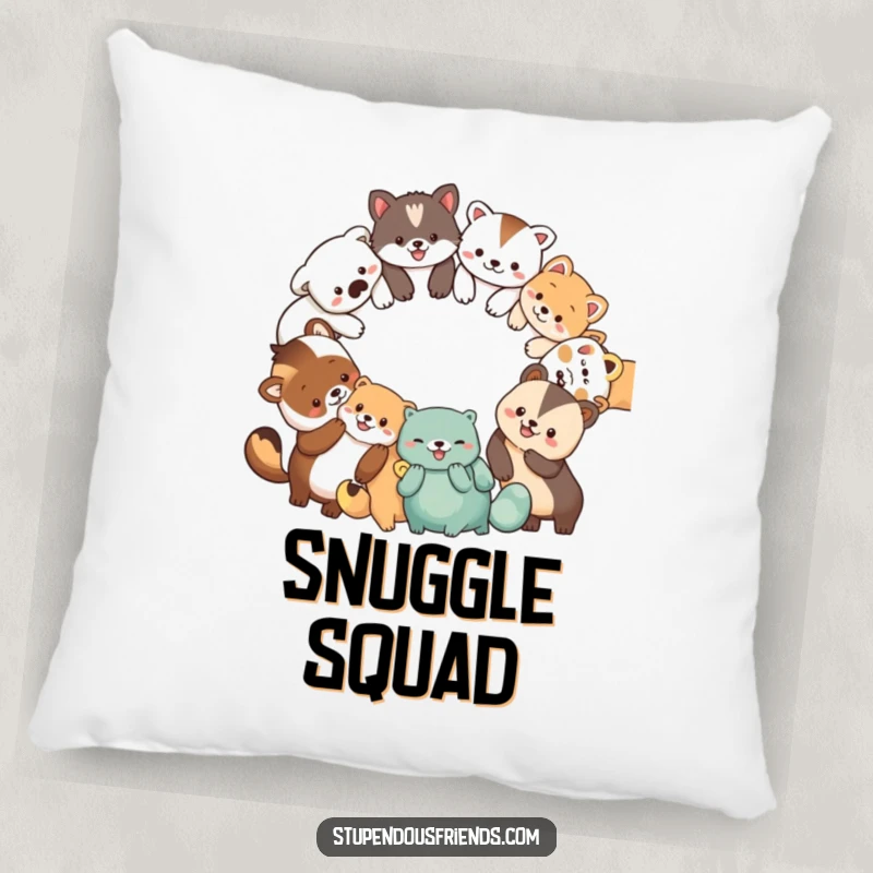 Funny pillow with a circle of diverse, smiling animal characters holding paws, offering comfort and a touch of humor.