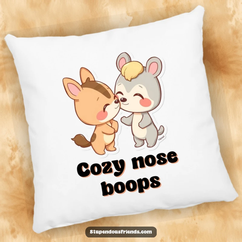 Funny decorative pillow with an animal character playfully nudging a friend with its nose, symbolizing tender friendship.