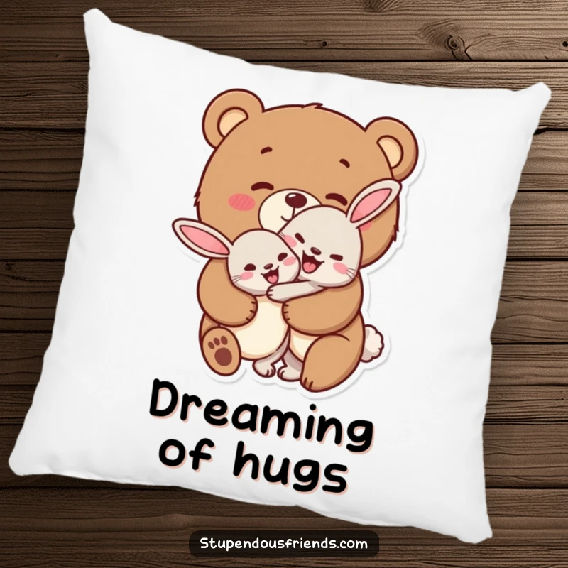 Funny bear and rabbit pillow, depicting a bear cheerfully hugging a rabbit, perfect for cozying up with warmth.