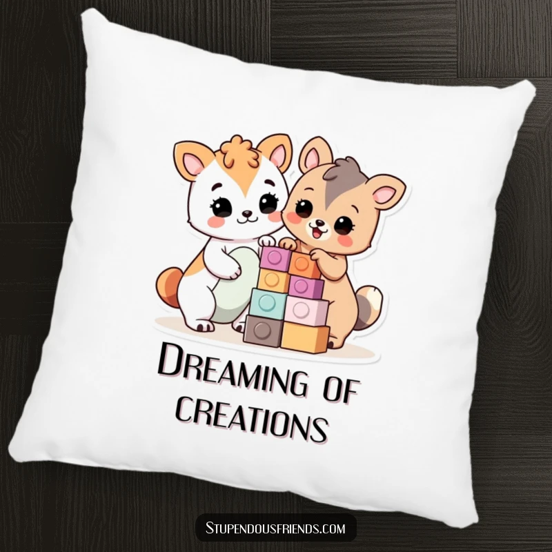 Funny Pillow: Proud animals building with blocks, symbolizing achievement and collaboration, a soft and funny gift.
