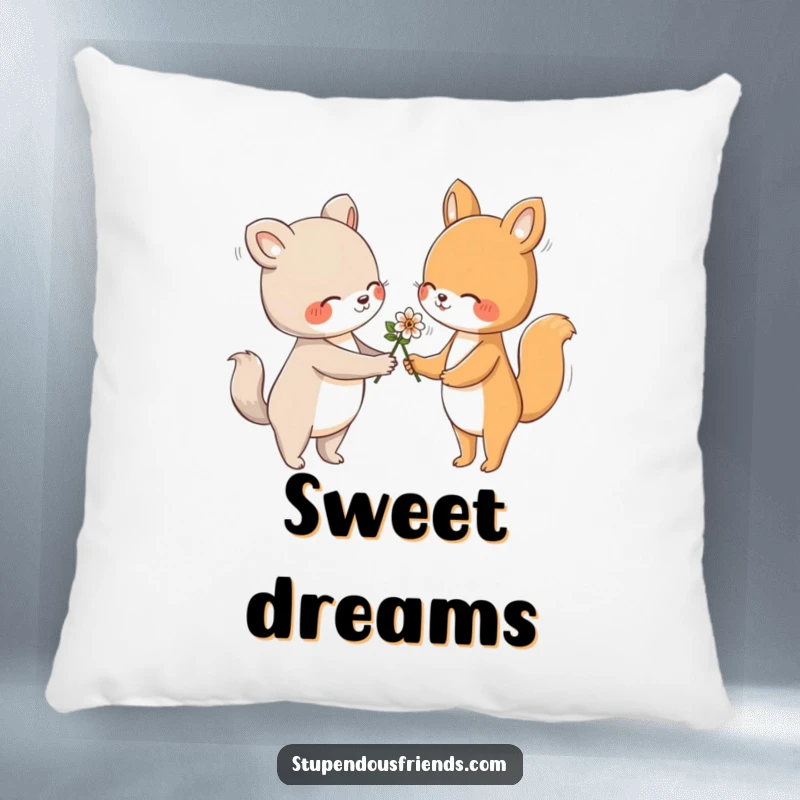 Funny pillow featuring an animal character gently handing a flower to another with a friendly gesture, perfect for adding comfort and charm.