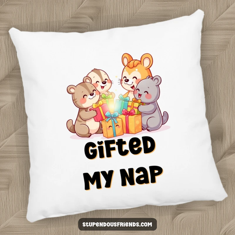 Funny decorative pillow showing happy animal characters exchanging colorful presents with wide smiles, perfect for cozying up.