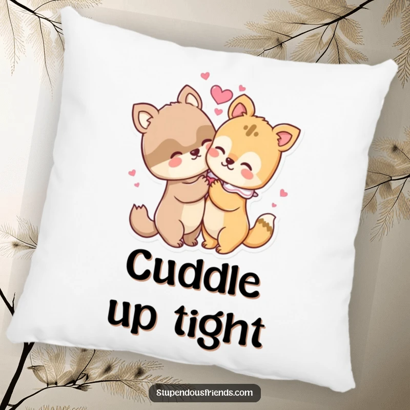 Funny pillow featuring two endearing animal characters sharing a close hug, with glowing hearts radiating warmth and affection.