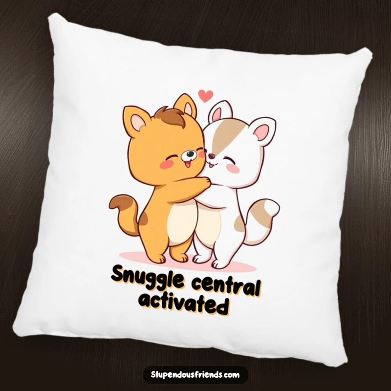 Funny pillow with two animals in a loving embrace, creating a cozy and comforting atmosphere. A soft funny gift.