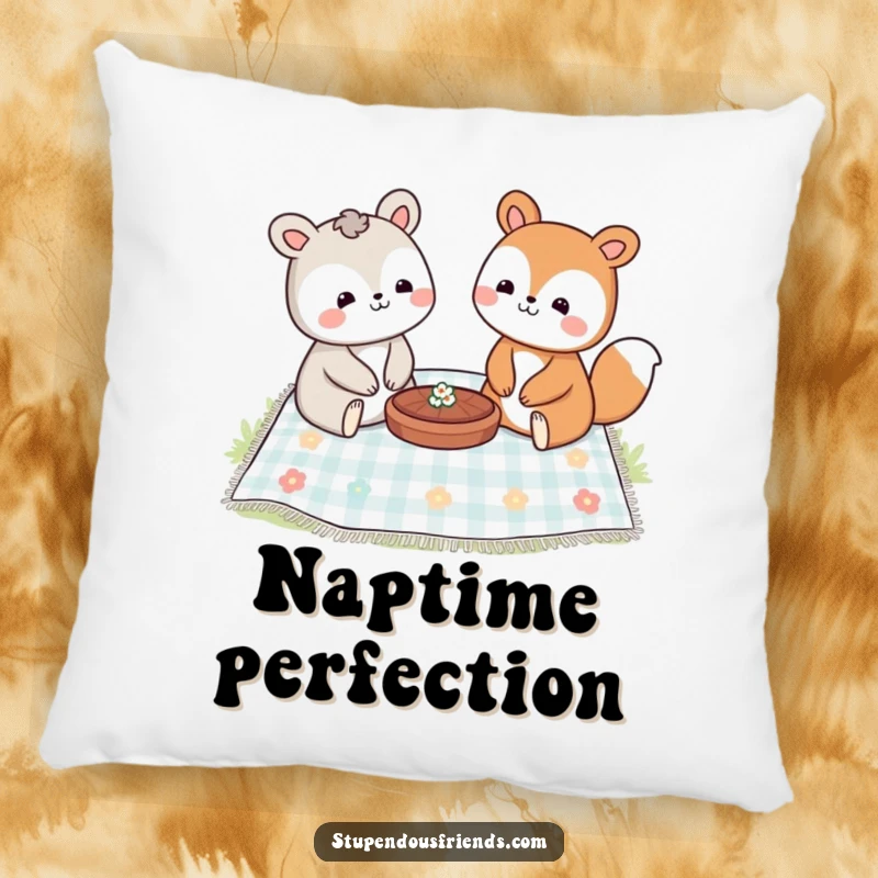 Funny pillow with two smiling animal characters relaxing on a picnic blanket, enjoying a shared meal and pleasant company.