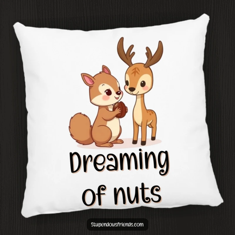 Funny Pillow with a squirrel offering a nut to a deer, adding a touch of forest charm and humor to any room.