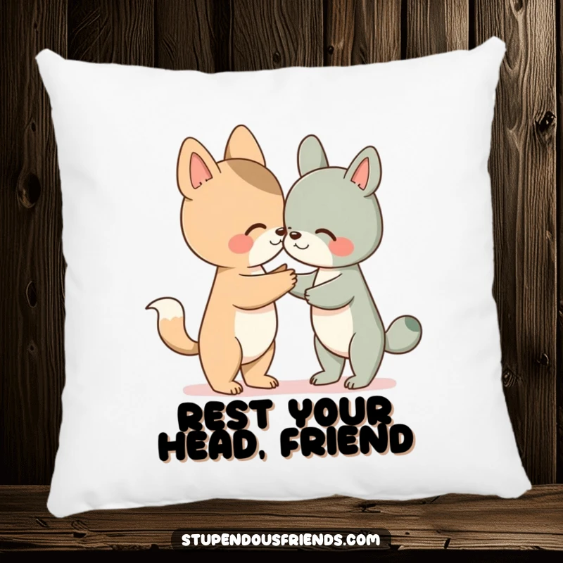 Funny pillow featuring a cute animal character offering a helping paw to a friend, bringing warmth and humor to any couch.