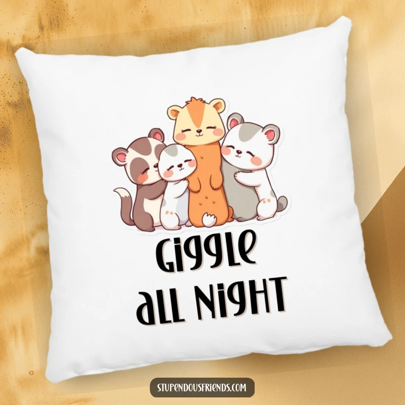 Funny decorative pillow with a group of animal characters huddled together, sharing secrets and soft giggles.