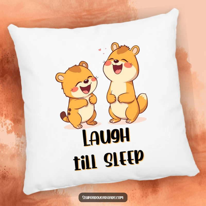 Funny pillow featuring two animals laughing uncontrollably from a shared joke, perfect for adding comfort and a humorous vibe.