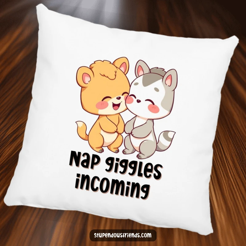 Funny throw pillow with two cute animals sharing a private joke and giggling softly, adding comfort and charm.