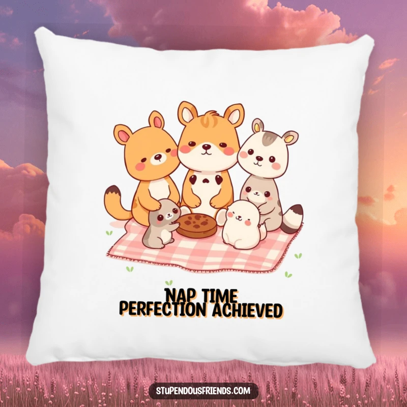 Funny pillow with adorable animals sharing a picnic blanket, creating a cozy and heartwarming atmosphere. A comfy funny gift.