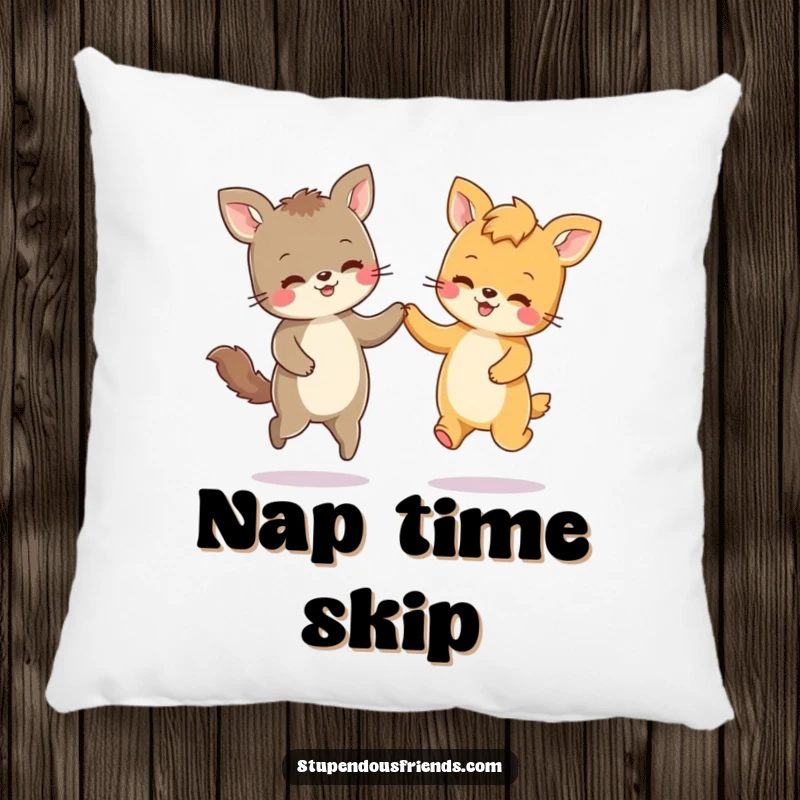 Funny decorative pillow featuring two smiling animal characters holding paws and skipping energetically, bringing a happy vibe.