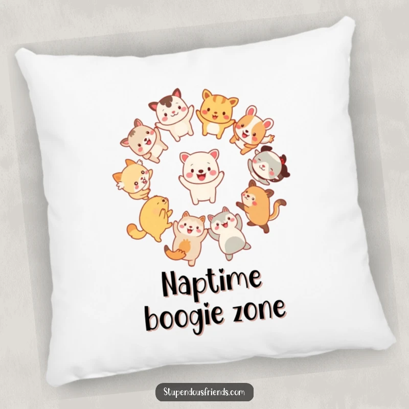 Funny Pillow: Cute animals in a joyful dancing circle, embodying happiness and fun, a soft and funny gift.