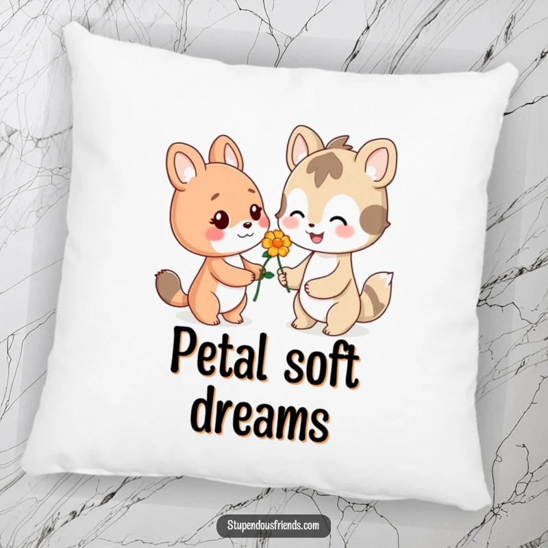 Funny pillow featuring a happy animal character holding a flower and smiling, offering a moment of kindness.