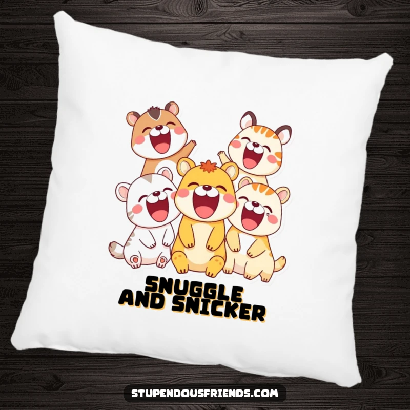 Funny Pillow: Animals laughing together with wide mouths, embodying happiness and fun, a soft and funny gift.