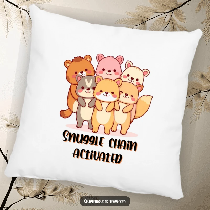 Funny pillow featuring a delightful chain of animals holding hands, offering comfort and a good chuckle.