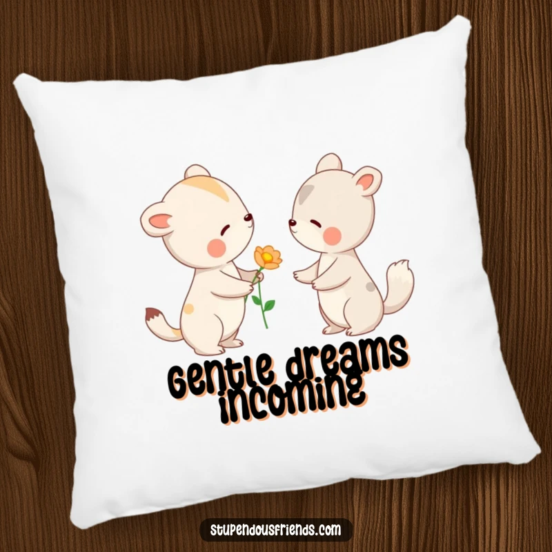 Funny pillow with an animal offering a flower to another with a gentle nod, symbolizing kindness and adding a cozy touch.