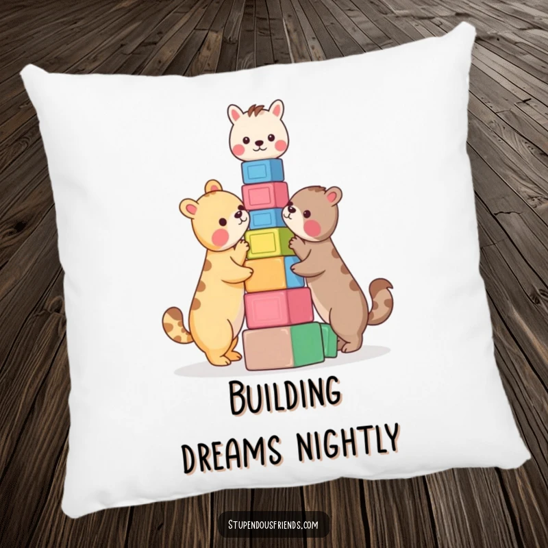 Funny Pillow: Two animals building a colorful block tower. This soft and funny pillow brings playful charm and comfort.