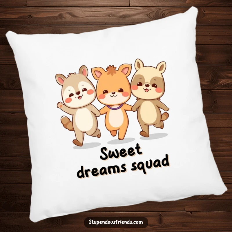 Funny pillow featuring a group of smiling animal characters skipping together, hands linked in a playful, happy dance.