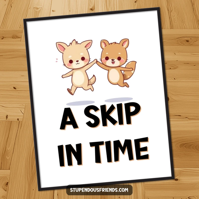 Funny digital art print of two animated animals skipping cheerfully with hands clasped, ready to be printed and displayed for humorous enjoyment.