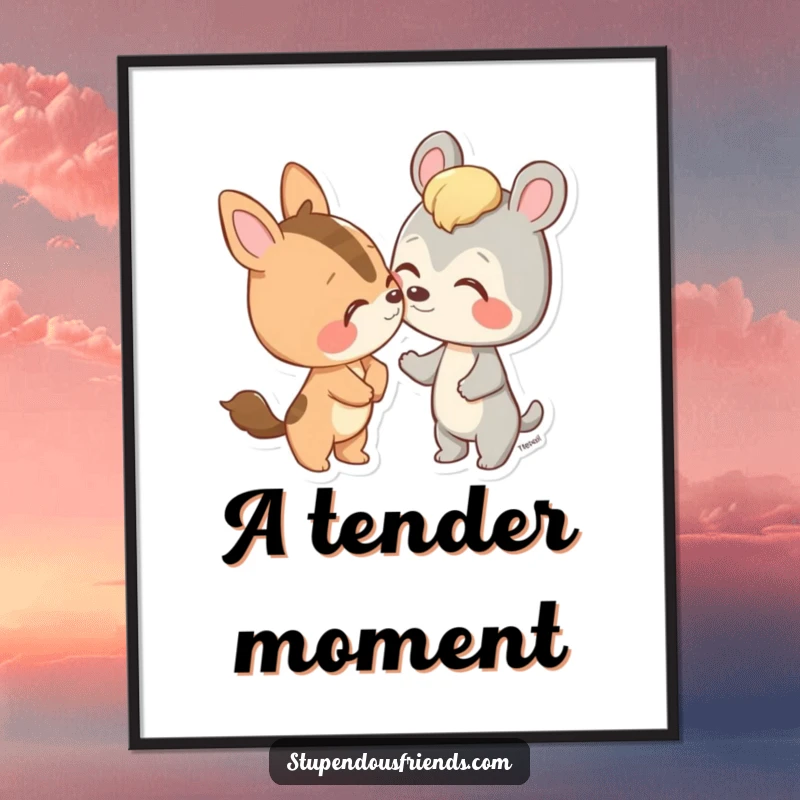 Funny digital art print of an animal character playfully nudging a friend with its nose, ready to download.