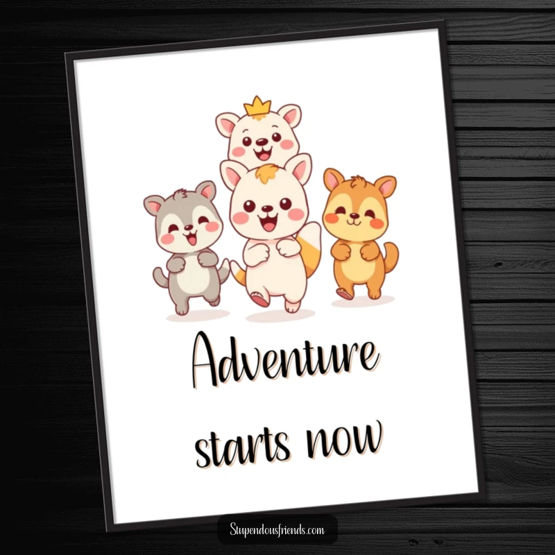 Funny Kawaii animal leading friends on an adventure, pointing forward on a digital art print, a humorous and motivational piece for instant wall decor gifting.