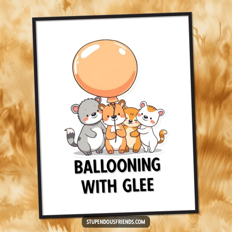 Funny Digital Art Print of animal characters sharing a large, colorful balloon, their beaming faces perfect for instantly adding joyful wall decor.