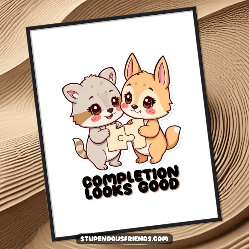 Funny digital art print showing animals with sparkling eyes, looking proud and accomplished after completing a jigsaw puzzle.