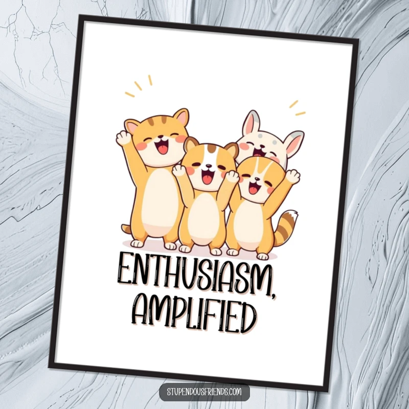 Funny digital art print showing a group of animals enthusiastically cheering with raised paws and excited gestures.