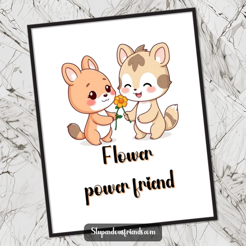 Funny digital art print of a smiling animal character presenting a flower, radiating warmth and kindness.