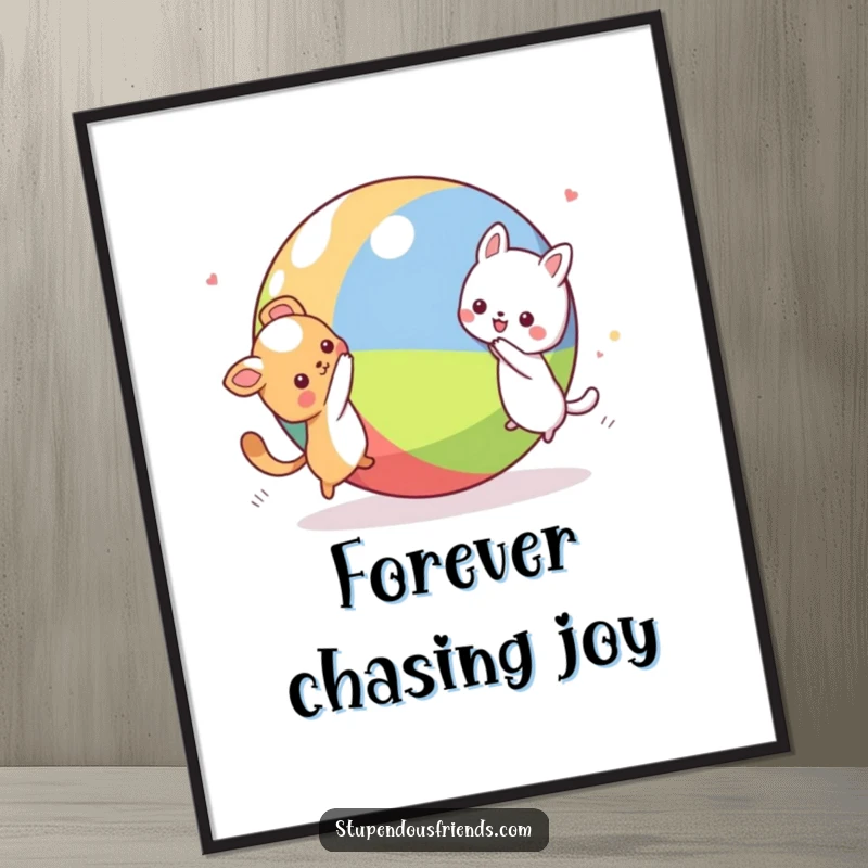Funny Kawaii animal characters playfully chasing a huge ball, a vibrant digital art print for humorous wall decor, instantly downloadable gift.
