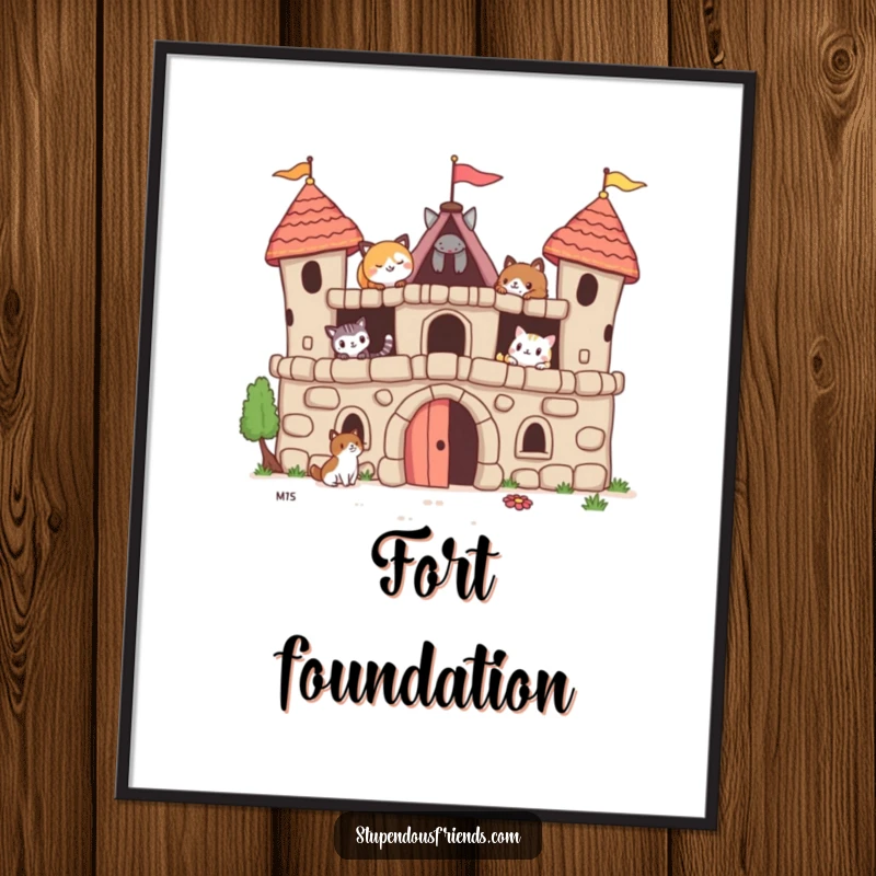 Funny digital art print of cute animal friends working together to build a whimsical fort, perfect for heartwarming home decor.