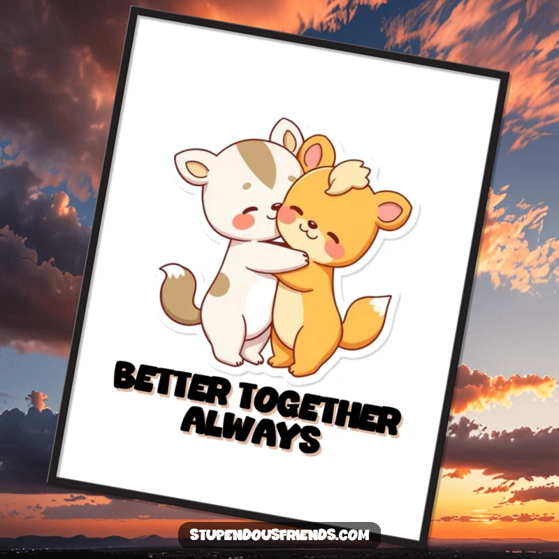 Funny digital art print of two sweet animal characters sharing a warm, loving embrace.