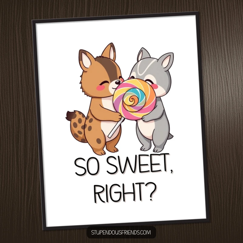 Funny digital art print of two cute animal characters sharing a huge, colorful lollipop, creating a joyful and sweet decorative piece.