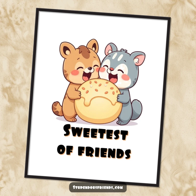 Funny digital art print of two adorable animal characters happily sharing an oversized, delicious treat, ready to download.