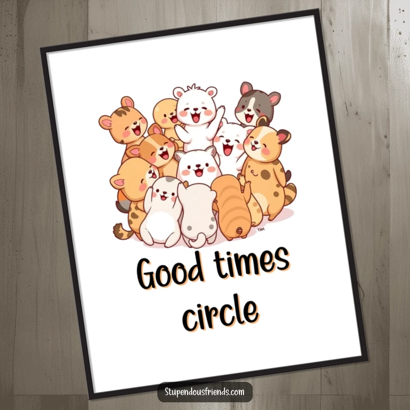 Funny Digital Art Print: A group of animals in a circle cheering and laughing together, printable wall art of pure celebration.