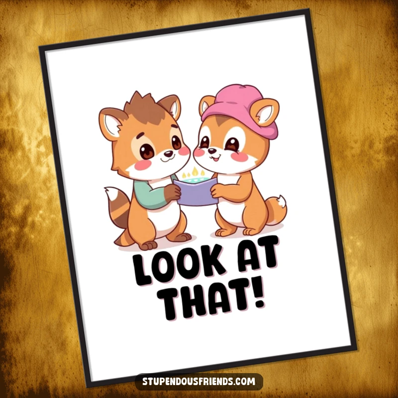 Funny digital art print of two animal characters looking at a shared, wondrous discovery with delight, symbolizing curiosity and amazement.