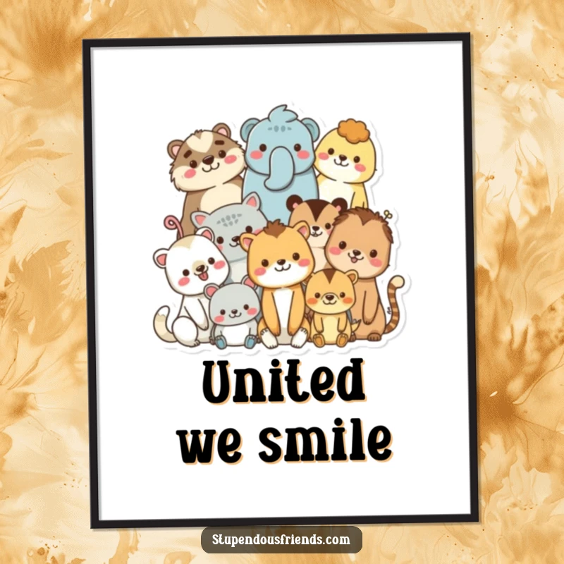 Funny digital art print of diverse, smiling animal characters in a cozy huddle, symbolizing unity, friendship, and happiness.