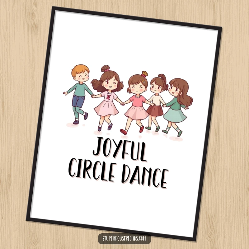 Funny digital art print of friends holding hands and skipping in a circle, bringing instant joy, unity, and humorous friendship vibes.