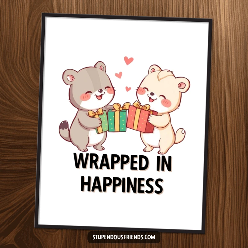 Funny animal characters joyfully exchanging brightly wrapped gifts, creating a festive and humorous digital art print.